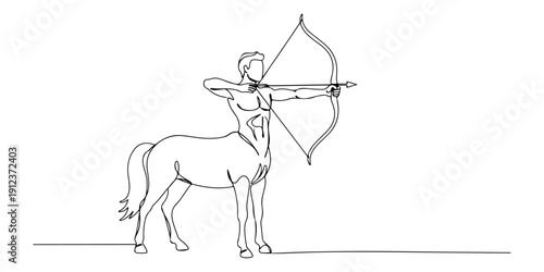 Continuous one line of a centaur drawing a bow, drawn illustration.