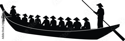 Silhouette of a traditional Asian wooden boat with many passengers wearing conical hats and a rower for river transport culture and tourism concepts.