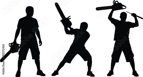 Silhouette set of a male lumberjack or worker holding and operating a heavy duty chainsaw in various standing poses for logging and industrial work concepts.