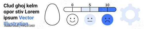 Emotional feedback, ratings, UX design, satisfaction tracking, user engagement, and digital evaluation. Scale with emotions from happy to sad, gear symbol on the right. Emotional feedback and ratings