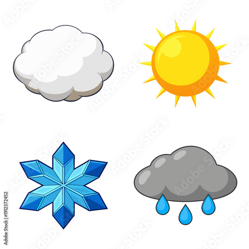 Top view display of four weather icons—cloud, sun, snowflake and rain cloud—illustrating atmospheric conditions in a stylified 2D layout
