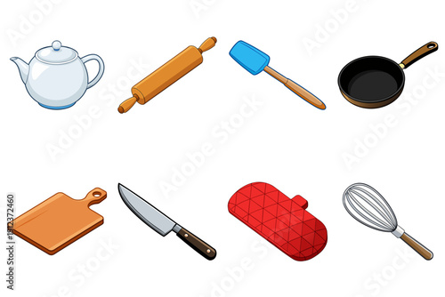 Top-down view of a neatly arranged kitchen countertop showcasing a white teapot, rollingpin, fryingpan, cuttingboard, and knife in a cooking setting