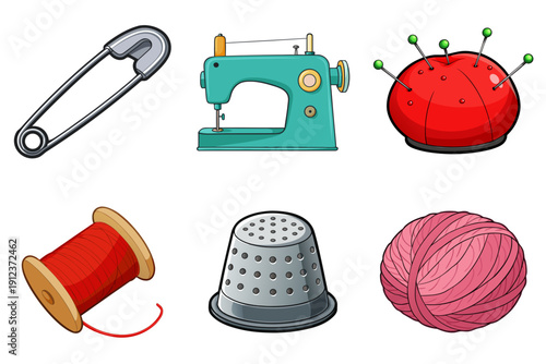 Top-down view of a flat lay featuring a safety pin, sewing machine, yarn balls, thread spool and thimble arranged on a white surface