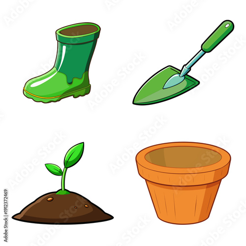 Viewing a colorful gardening set of rainboot, trowel, seedling, and pot arranged in a 2x2 grid illustration on a clean white backdrop