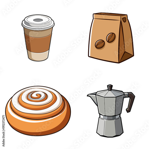 Flat‑style illustration showing coffee cup, paper bag, pastry and espresso maker arranged in a 2x2 grid on a white backdrop