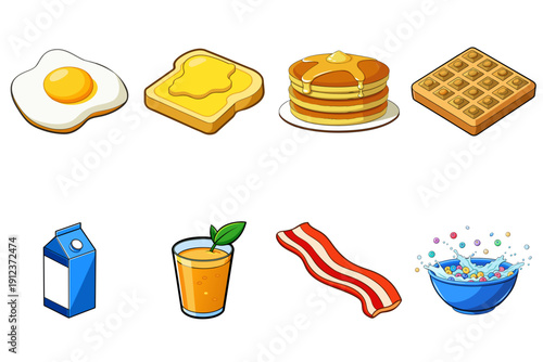 Cheerful Morning Breakfast Illustration Showcasing Fried Egg, Toast, Pancakes, Waffle, Milk, Juice, and Cereal on White Surface