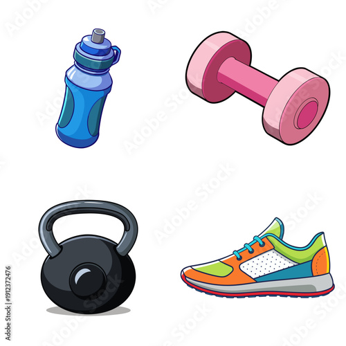 Playful fitness illustration featuring a blue water bottle, pink dumbbell, black kettlebell, and colorful sneaker arranged in a crisp white grid view