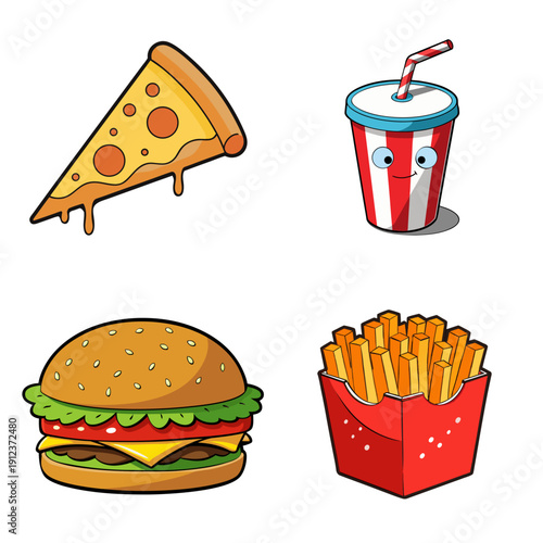 Vibrant 2x2 Grid Showcasing Pizza Slice, Drink, Burger, and French Fries in a Colorful Fast-Food Composition from a Top-Down View