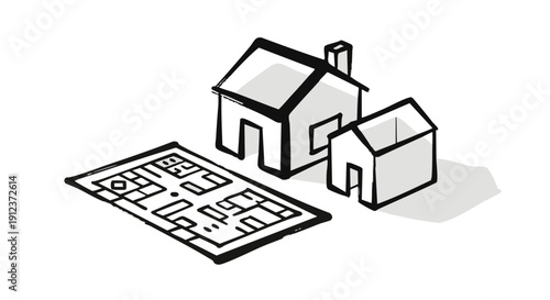 Architectural Blueprint and 3D House Models. Real Estate Planning Concept. Hand Drawn Ink Illustration.