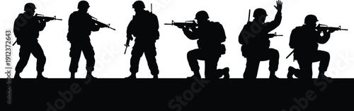 Military infantry squad silhouette standing and kneeling in tactical formation with assault rifles for army combat mission battlefield and special forces defense concepts.