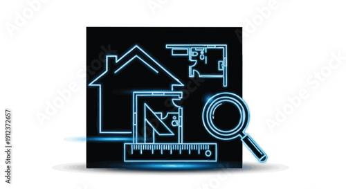 Blue Neon Architectural Plan, House Inspection, and Real Estate Search Concept. Digital Engineering and Construction Blueprint Icon Set.