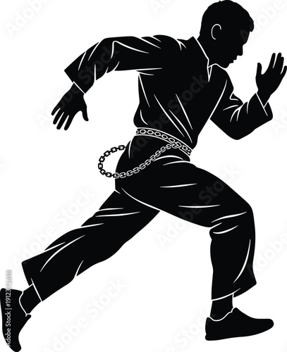 Silhouette of a young man running fast while wearing a decorative waist chain for street fashion urban style and active movement lifestyle concepts.