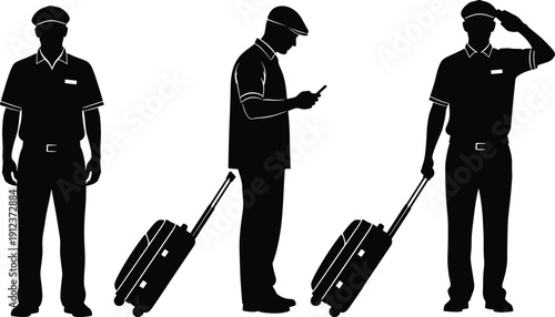 Silhouette set of professional airport staff and travelers pulling suitcases including a bellhop standing and a man using a smartphone for tourism concepts.