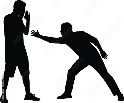 Silhouette of two men in a heated argument or confrontation with aggressive gestures and shouting for conflict resolution disagreement and anger management concepts.