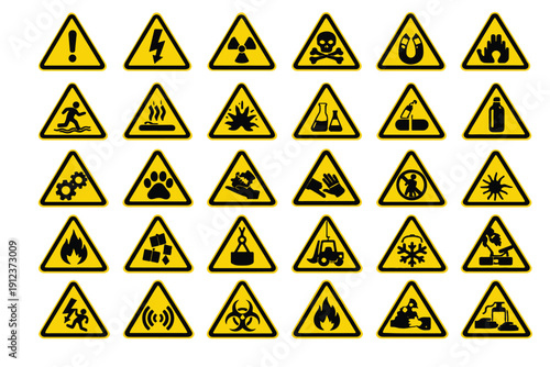 Extensive collection of yellow triangular hazard warning signs and safety pictograms designed for critical industrial and workplace environments
