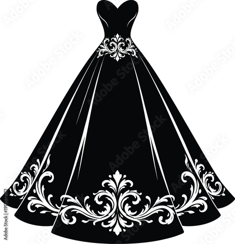 Elegant black vector strapless ball gown with intricate white baroque floral scrollwork details, isolated on transparent background, ideal for wedding invitations or fashion branding.