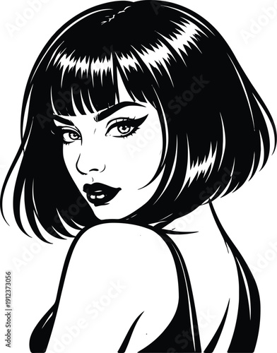 Vector illustration of a seductive woman with a short bob haircut, dramatic eyeliner, and glossy lips, looking over her shoulder, isolated on a transparent background.