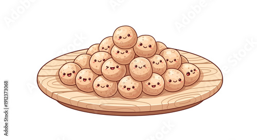 Adorable cartoon balls with happy faces piled on a wooden textured plate illustration