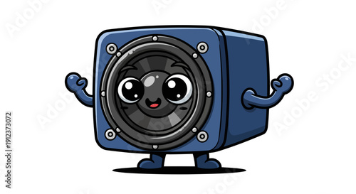 Adorable animated blue speaker character with endearing large eyes and happy expression