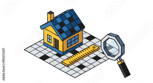 Isometric House Inspection and Valuation Concept. Real Estate Planning and Home Appraisal Illustration with Magnifying Glass and Ruler on Blueprint Grid.