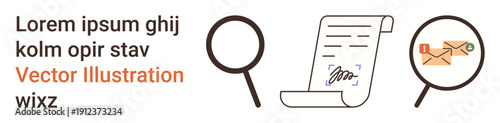 Data analysis, research, email security, correspondence, business information, education learning. Magnifying glass, document and email icon elements. Data analysis and research tools concept