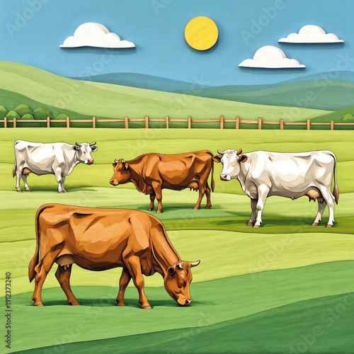 Illustrated scene of four cows in a green pasture with rolling hills, wooden fence, blue sky, white clouds, and a yellow sun, rendered in a clean, stylized flat design, vector art.
