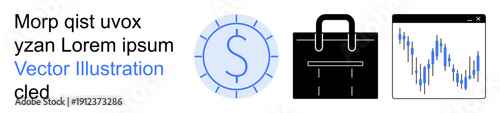 Business, finance, investment, stock analysis, economics, corporate strategy. ion of a currency symbol, a black briefcase and a stock chart. Business and finance theme