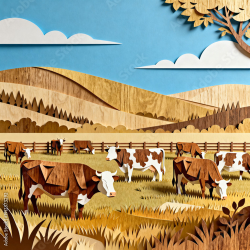Layered wood-cut artwork depicts brown-and-white cattle grazing in a fenced pasture, with stylized hills, trees, and clouds under a blue sky, all rendered in dimensional paper-craft style.