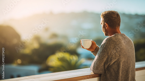 Morning Coffee Contemplation: A Serene Urban Balcony Sunrise with a Thoughtful Man in Cozy Relaxed Silhouette Embracing Wellness and Peacefulness