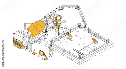 Concrete Pouring Foundation Construction Isometric Illustration. Workers and Cement Mixer Truck on Building Site.