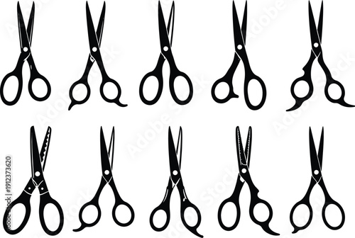 Vector black silhouette collection of ten different barber scissors and shears, isolated on a transparent background, ideal for salon branding or hairstylist icons.