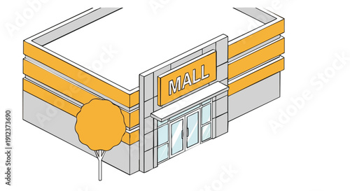 Isometric Shopping Mall Building Icon. Vector Flat Design Retail Center Exterior, Isolated Store Front Line Art Illustration.