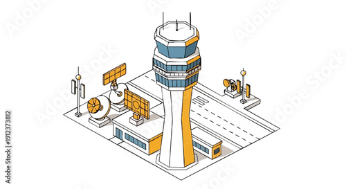 Air Traffic Control Tower Isometric Vector Illustration. Modern Airport Communication and Navigation Center Concept.