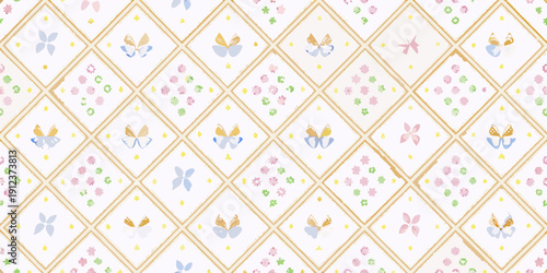 Delicate pastel pattern featuring butterflies and floral diamond shapes