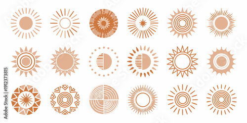 Collection of various sun illustrations in shades of orange and brown