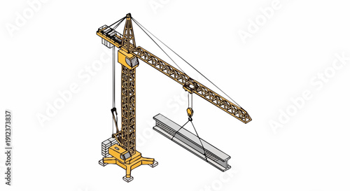 Isometric Tower Crane Lifting Steel I-Beam. Construction Site Heavy Lifting Machinery Line Art Vector Illustration on White Background.