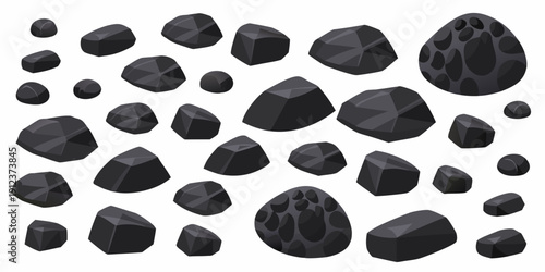 Collection of dark polygonal rocks and stones scattered on a white background