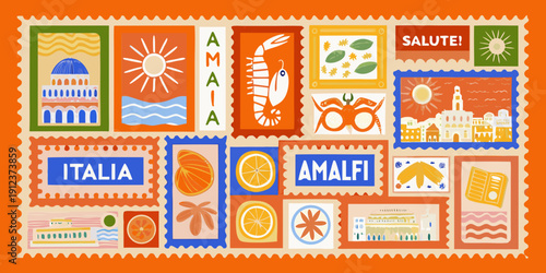 Colorful illustrated postage stamps depicting amalfi coast imagery and italian themes