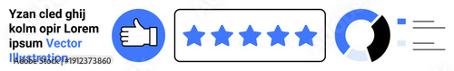 Feedback systems, user ratings, digital analytics, customer satisfaction, online evaluation, service quality. Thumbs up icon, five-star rating and analytics chart. Feedback systems and user ratings