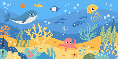 Colorful underwater scene featuring whales jellyfish fish and coral