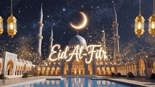 Festive digital greeting card featuring the glowing text Eid Al Fitr illuminated above a grand mosque under a starry night sky with golden lanterns
