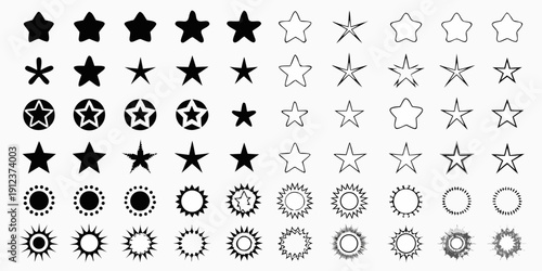 Collection of various star and circular shaped symbols in black and white
