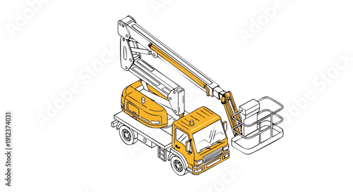 Isometric Aerial Work Platform (AWP) Boom Truck Illustration. Industrial Cherry Picker Utility Vehicle Line Art Drawing.