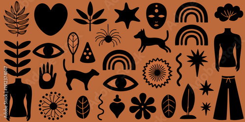 Collection of black silhouettes featuring botanical and symbolic shapes