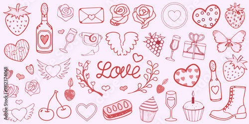 Collection of hand drawn pink romantic doodles and love themed illustrations