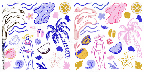 Whimsical summer illustration featuring people fruit and tropical elements