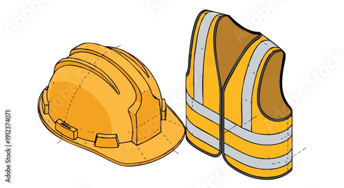 Isometric Safety Gear Set: Yellow Hard Hat and High Visibility Reflective Vest (PPE) Vector Illustration