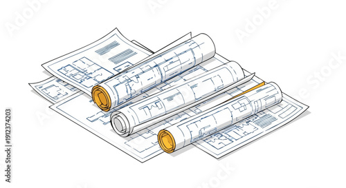 Stack of Architectural Blueprints and Rolled Technical Drawings. Isometric Vector Illustration for Construction and Design Planning.