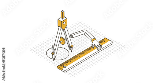 Isometric Drafting Tools: Compass Drawing Circle and Hand Holding Ruler on Grid. Geometric Design, Architecture, and Engineering Precision Illustration.