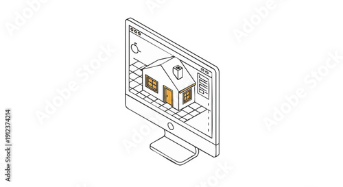 Digital Architecture CAD Icon: Isometric House Model on Computer Screen. Line Art Home Design Software Illustration.